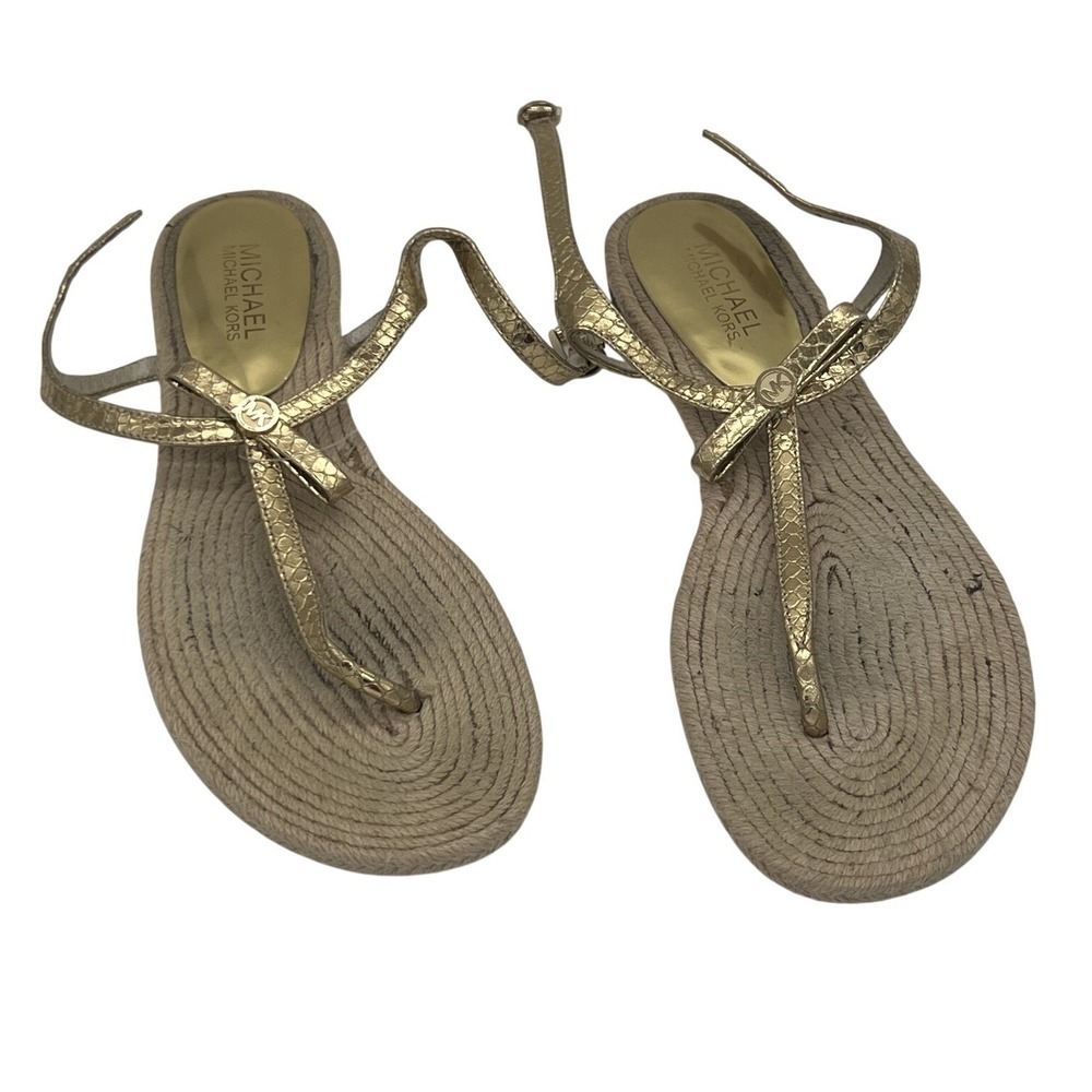 Michael Kors MK Gold Leather Thong Espadrille Sandals‎ Women's US 9 M Flat